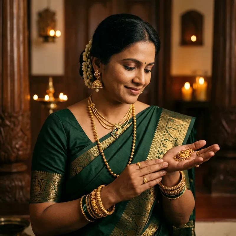 South Indian woman looking at gold ornament